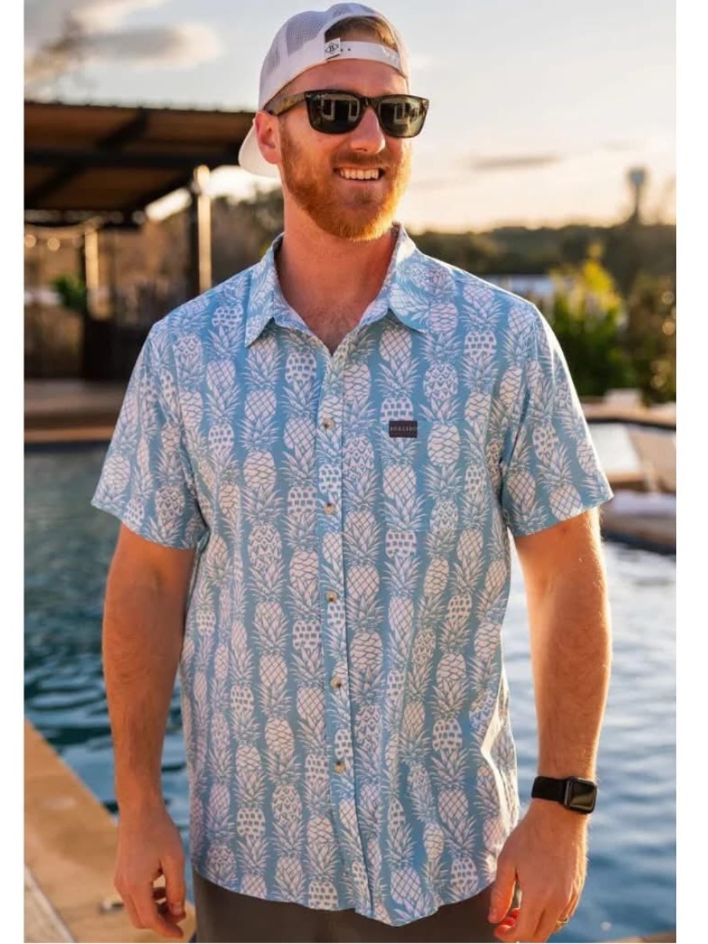 Burbelo Men’s Pineapple Button Up Shirt Blue Tropical Short Sleeve